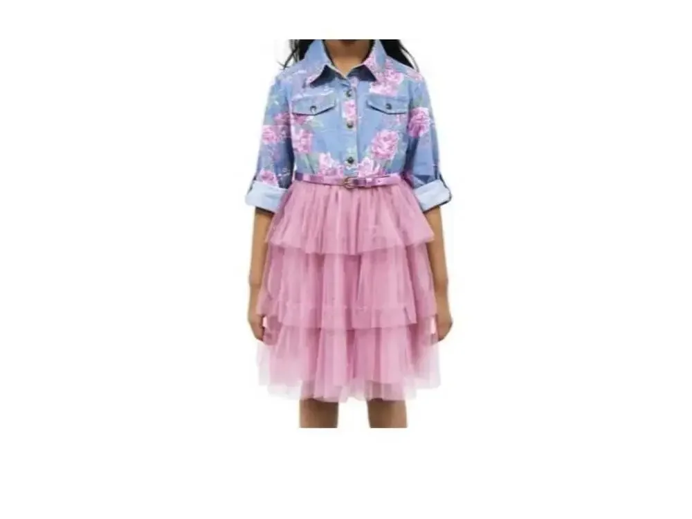 Pink & Violet Girls Floral Print Denim Bodice Tulle Tutu Dress w/ Metallic Belt